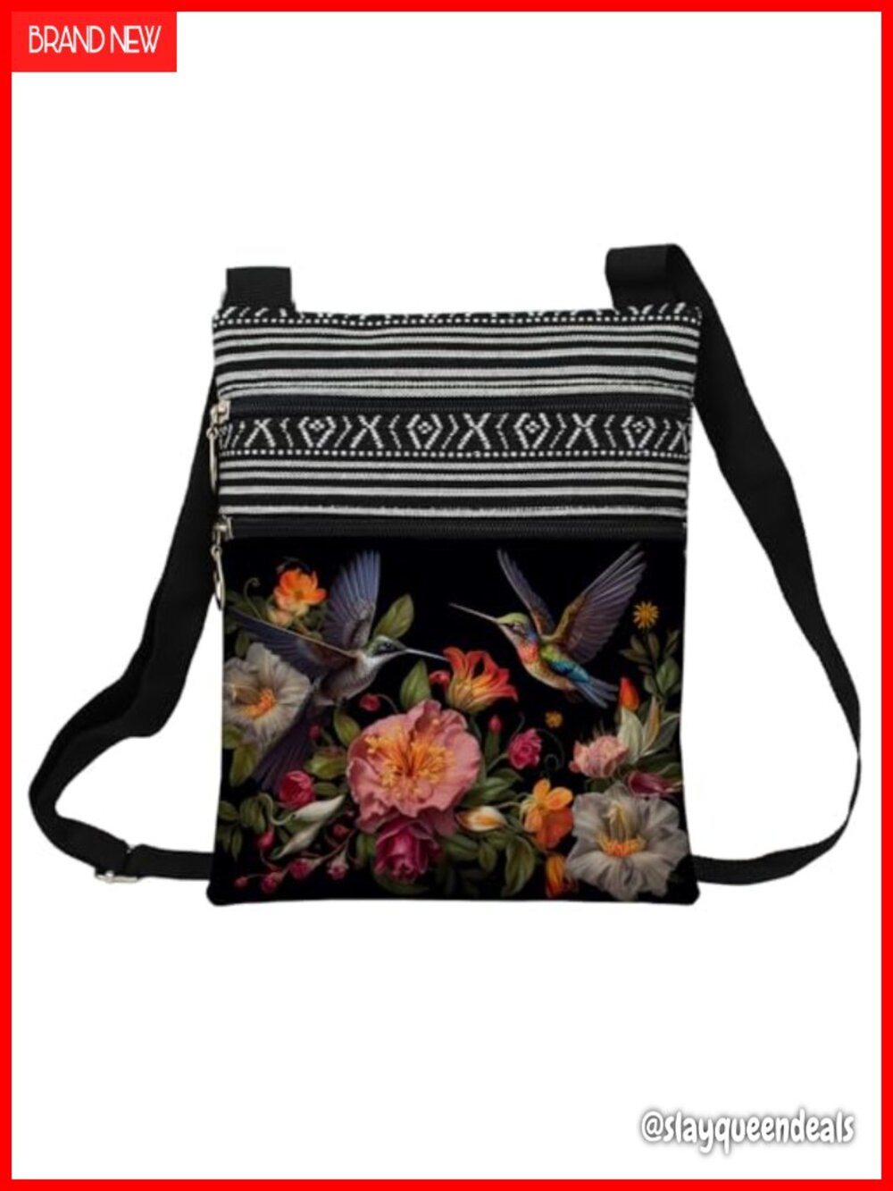 Polyester Floral Hummingbird Crossbody Sling Messenger Bag Adjustable Strap